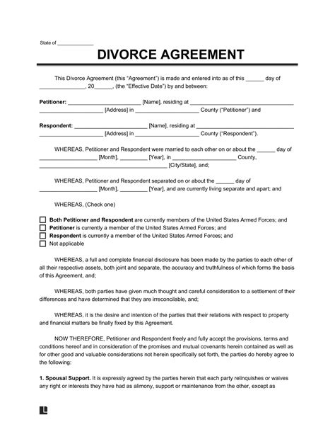 divorce settlement agreement template  word