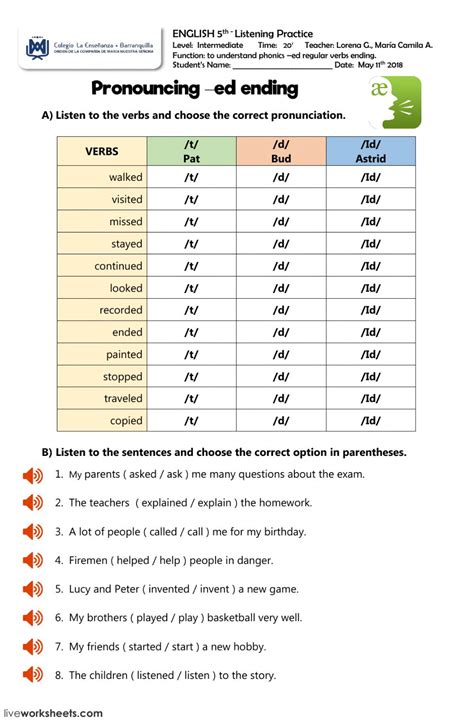 ejercicio de pronunciation regular verbs ed ending
