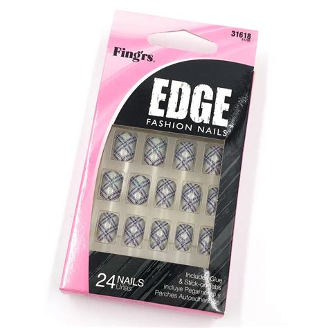 Fing’rs Edge Fashion Nails Short Gray Purple Plaid Fake Nail Kit