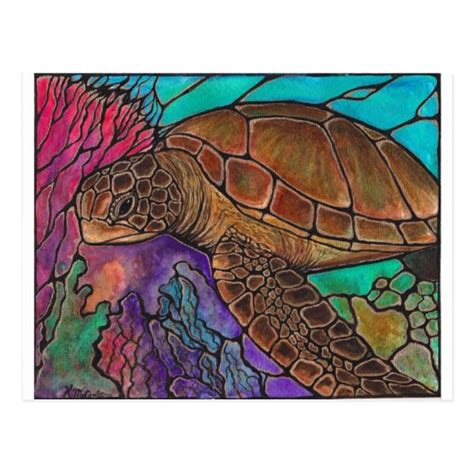 sea turtle artawesome stained glass style postcard zazzlecom
