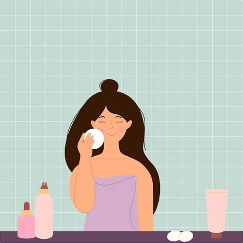 Premium Vector A Brunette Woman Is Washing Her Face With Cosmetics In