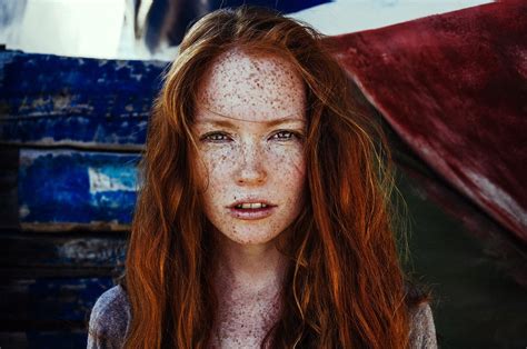Women Model Redhead Face Curly Hair Open Mouth Freckles Blue Eyes