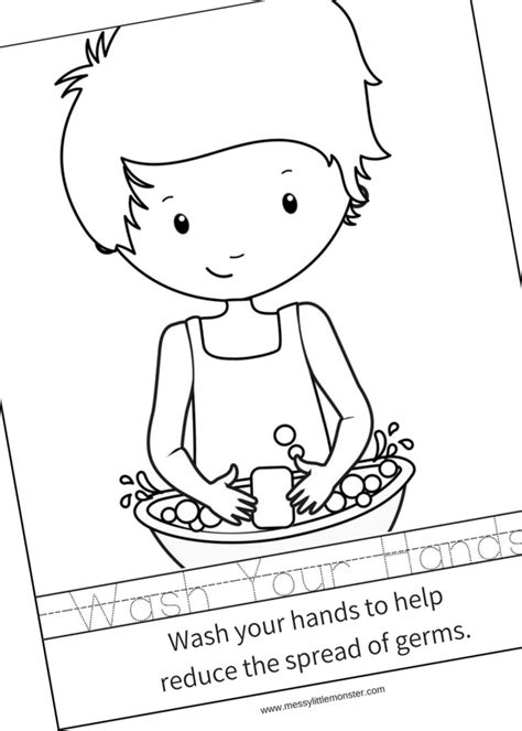 hand washing colouring page activity  kids messy  monster