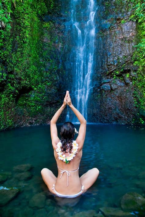 hawaii waterfall woman royalty  stock image image