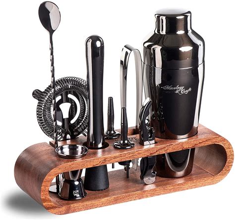 mixology bartender kit  piece black bar set cocktail shaker set  stylish mahogany stand