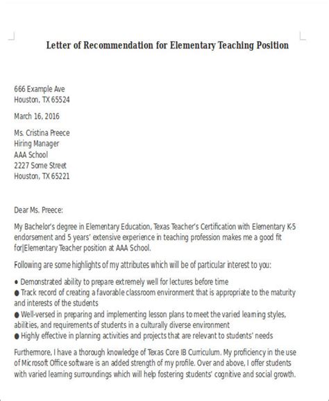 sample letter  recommendation  teaching position  ms