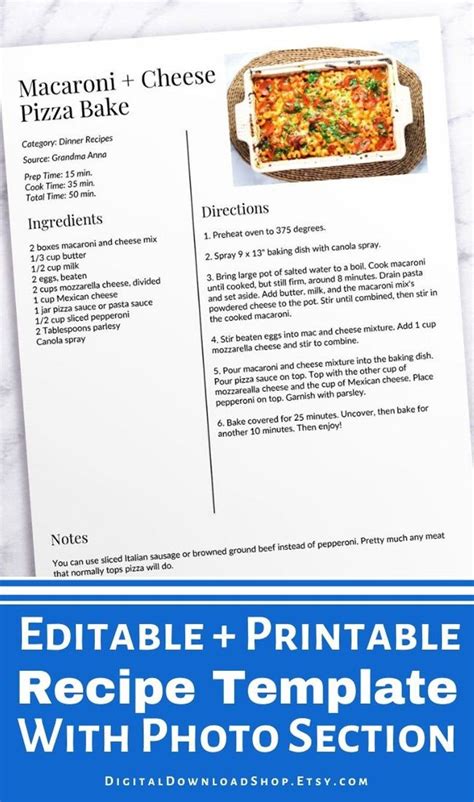 recipe template  photo printable editable recipe etsy recipe