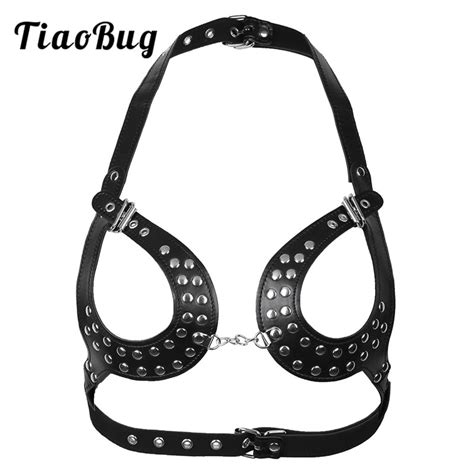 tiaobug women sexy black pu leather body chain harness bra belt classic