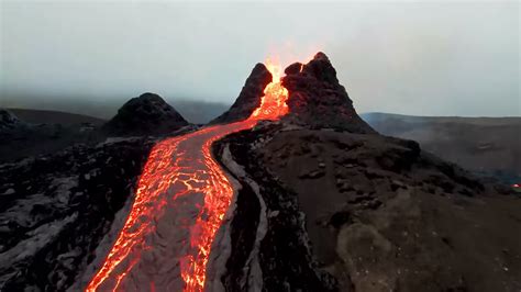 spectacular drone footage  long dormant iceland volcano erupting itv news
