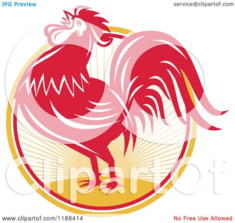 Clipart Of A Retro Red Crowing Rooster Over A Sunrise