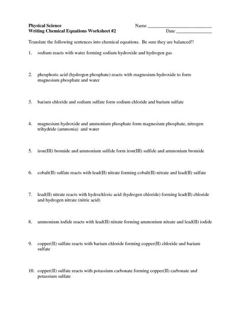 writing chemical equations worksheet   chemical equation