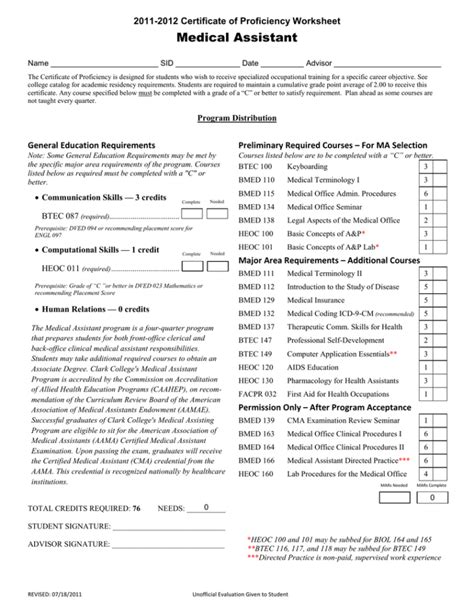 medical assistant  certificate  proficiency worksheet  db