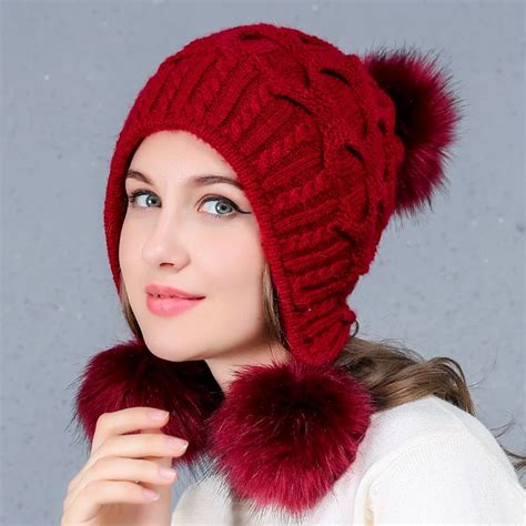 Lady Knitted Wool Hat Girls Pompom Ball Cap Female Warm Knitting Hats