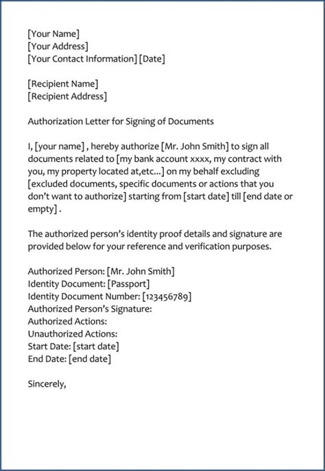 signature authorization letter template business format
