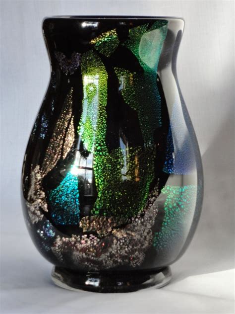 Hand Blown Black Dichroic Glass Vase With Green And Aqua Etsy Glass