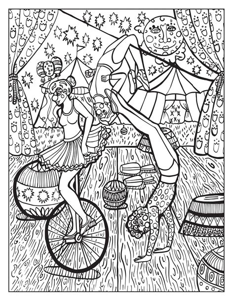 black  white drawing   woman riding  bicycle  front   tent
