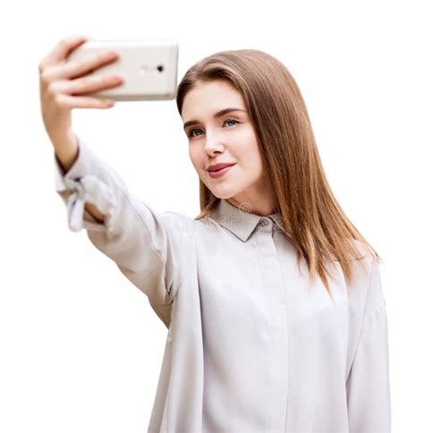 beautiful girl makes selfie photo on smartphone stock image image of