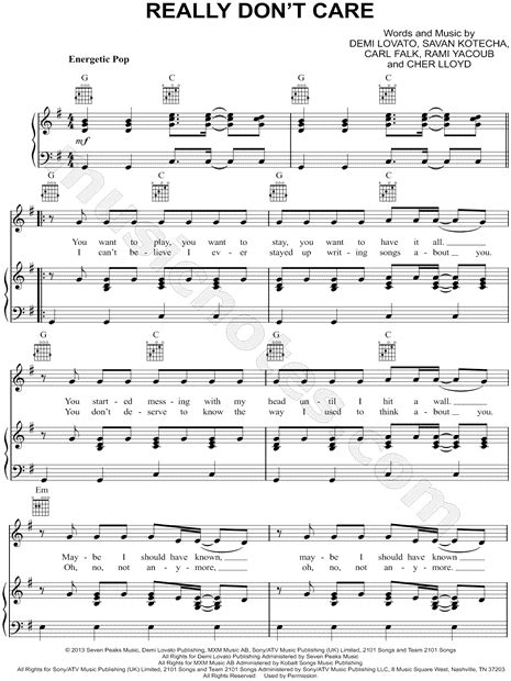 demi lovato really don t care sheet music in g major download