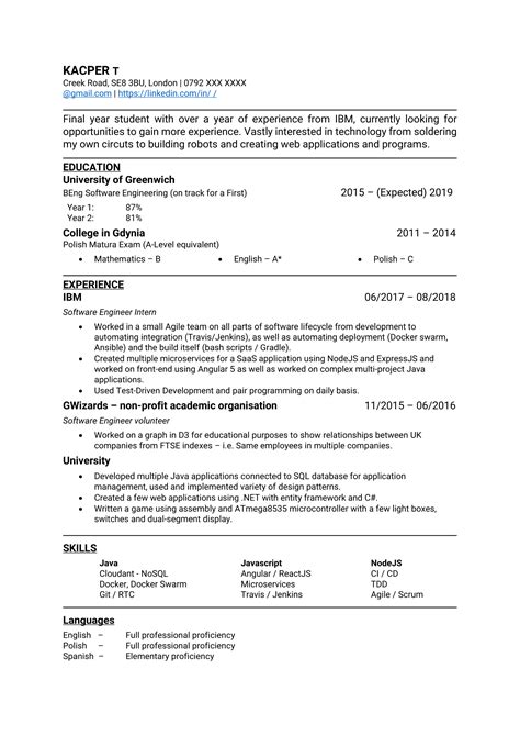 final year student    year  experience  software engineering resumecv critique
