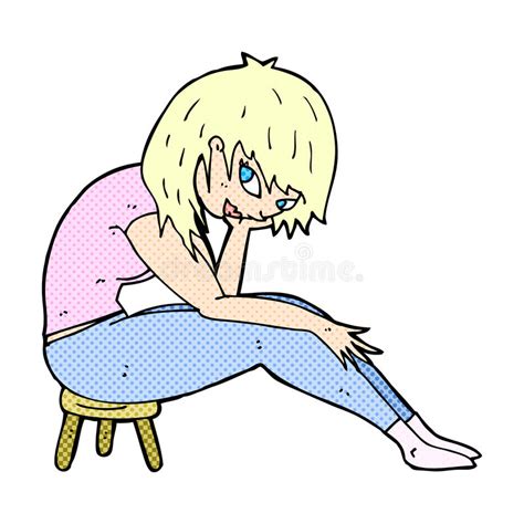 comic cartoon woman sitting on small stool stock