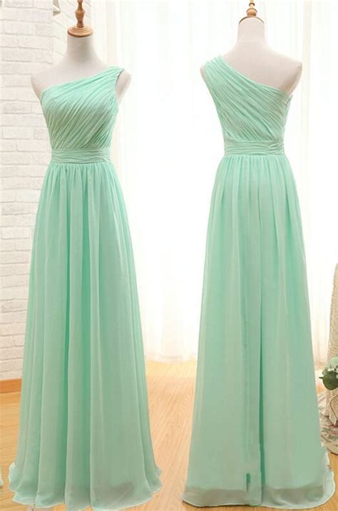 light green ruched chiffon  shoulder floor length   formal dress prom dress bridesmaid