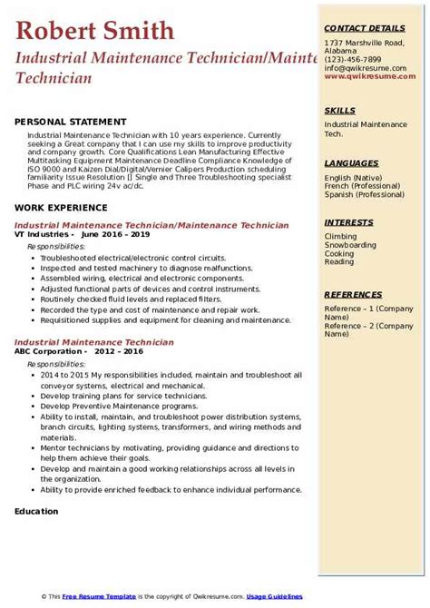 industrial maintenance technician resume sample master  template