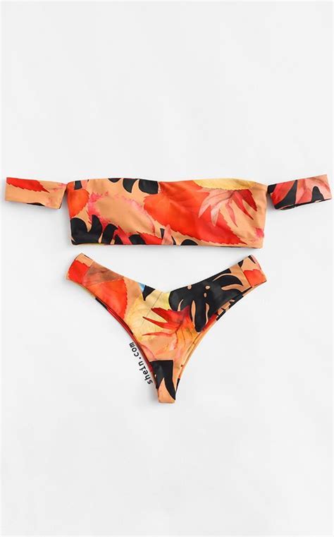 off the shoulder leaf print bikini set bikinis swimwear