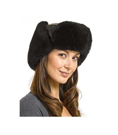 Ladies Sheepskin And Leather Russian Miliatry Hat In Black