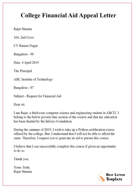 appeal letter  financial aid    letter template collection