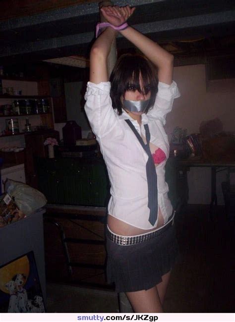 amateur bondage ducttape gaged tied handsoverhead tie dressshirt miniskirt emo