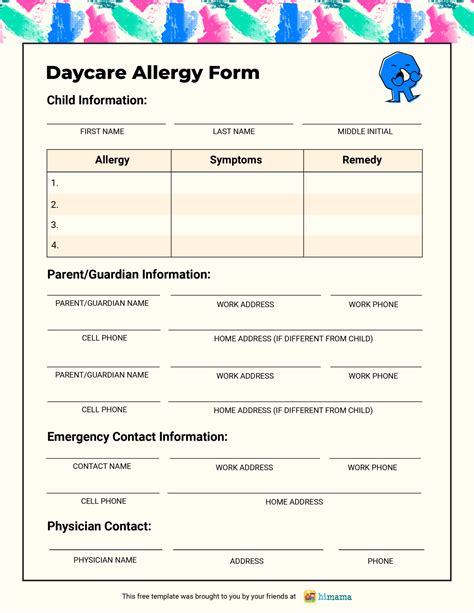 daycare allergy form  templates himama
