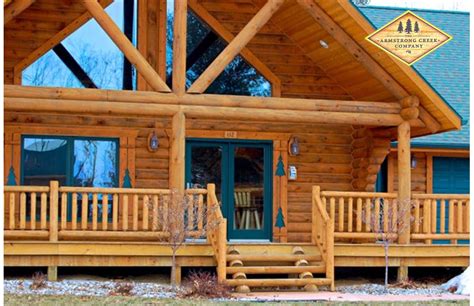 rustic cedar log railing porch front  log cabin  timber style home log cabin exterior