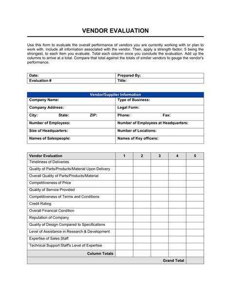 vendor evaluation template business box
