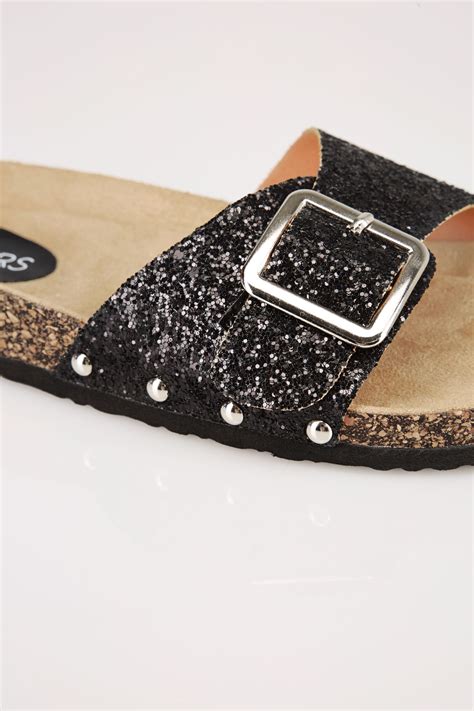 Black Glitter Cork Effect Mule Sandals In True Eee Fit