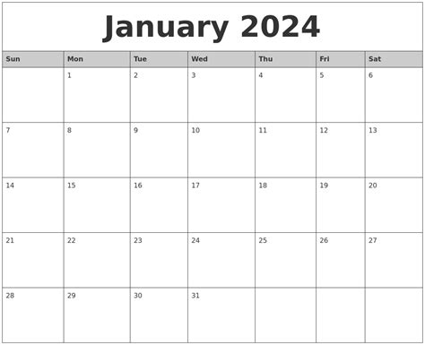 january  monthly calendar printable