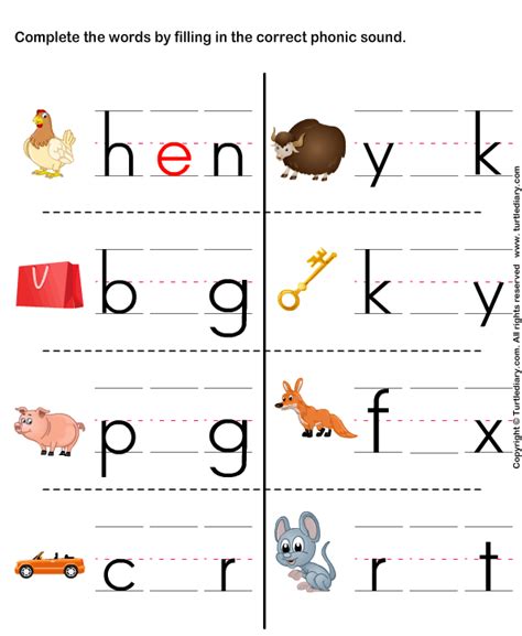 complete words  filling correct phonic sound worksheet