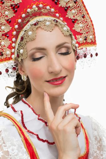 Coquettish Young Woman Portrait In Russian Traditional Costume Stock
