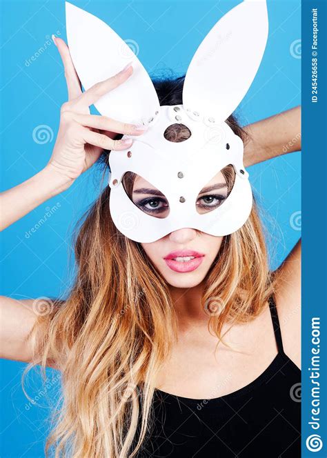 Beautiful Woman In Carnival Easter Rabbit Mask Sensual Girl In White