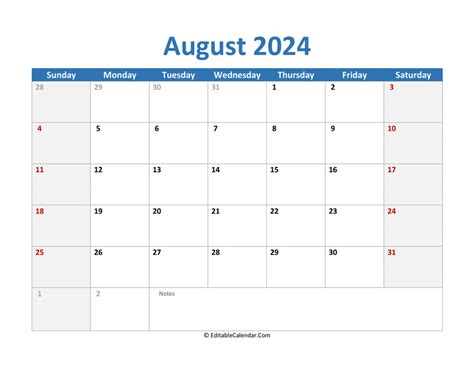 printable calendar august word version