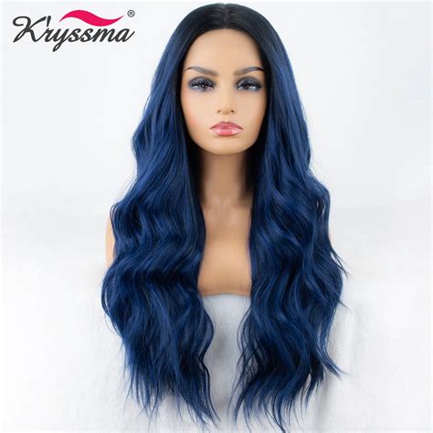 mixed blue synthetic lace front wig long wavy ombre blue wigs  women dark roots  tones hair