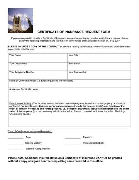 certificate  insurance request form