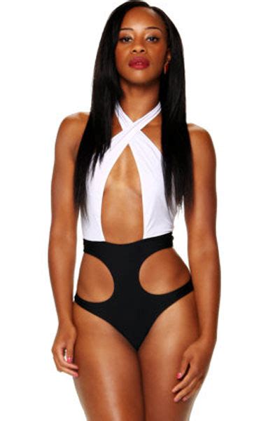 Sexy Crossed Halterneck Black White Patchwork Cutout Teddy Lingerie