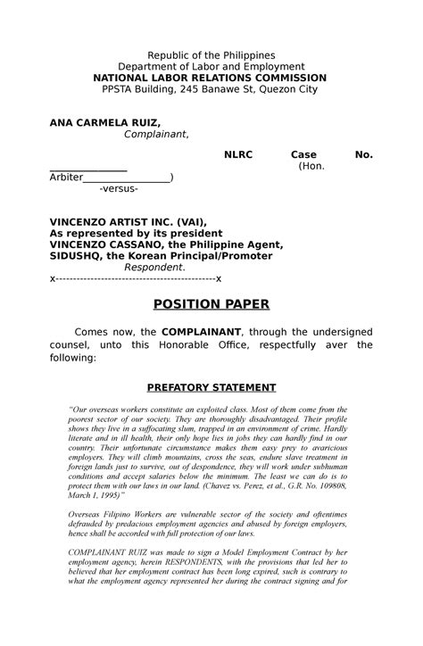 position paper  nlrc republic   philippines department