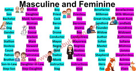 masculine  feminine gender list  english vocabularyan