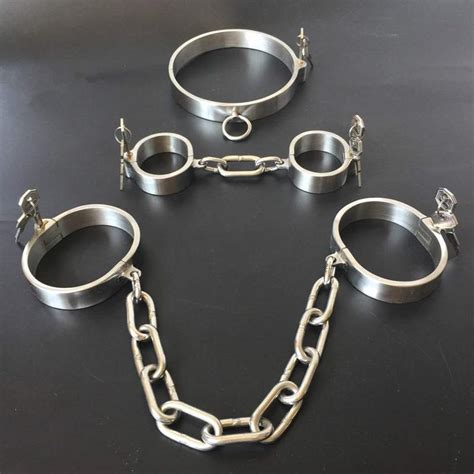 Stainless Steel Lockable Neck Collar Handcuffs Ankle Cuffs Slave Bdsm