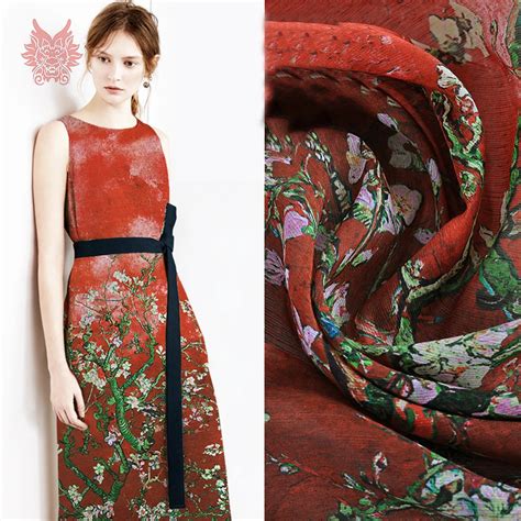 designer red  floral positioning print linen silk fabric  dress natural silk tissu