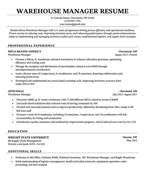 warehouse manager resume  template