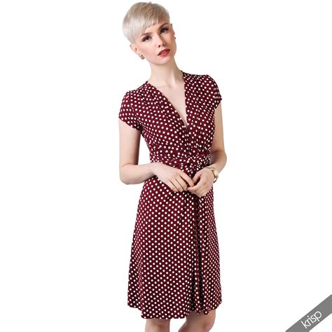 Womens Polka Dot Retro Dress Pleated Skirt Wrap Front Mini