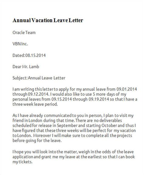 annual vacation request letter