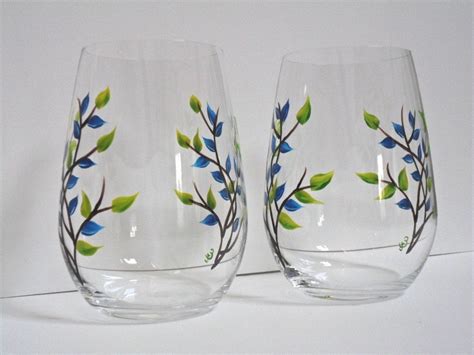 Stemless Wine Glass Hand Painted Cobalt Blue Set Of 2 Etsy Stained